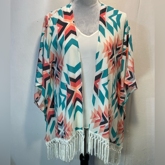 Xhilaration Tops - #0224 Xhilaration Geometric Kimono with Aztec Pattern, Sleeves, & Fringe-XS